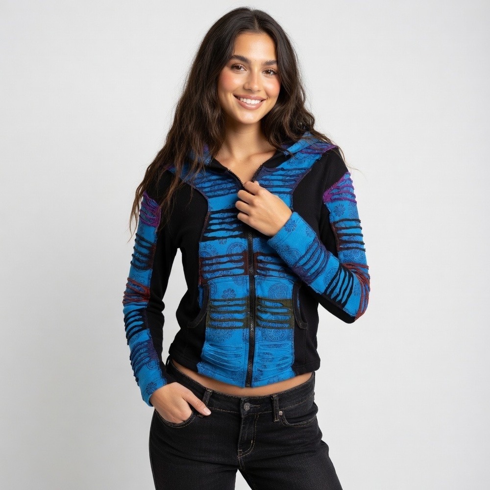 Ark Imports Artisan Boho Patchwork Zip Hoodie Made in Nepal Size Small